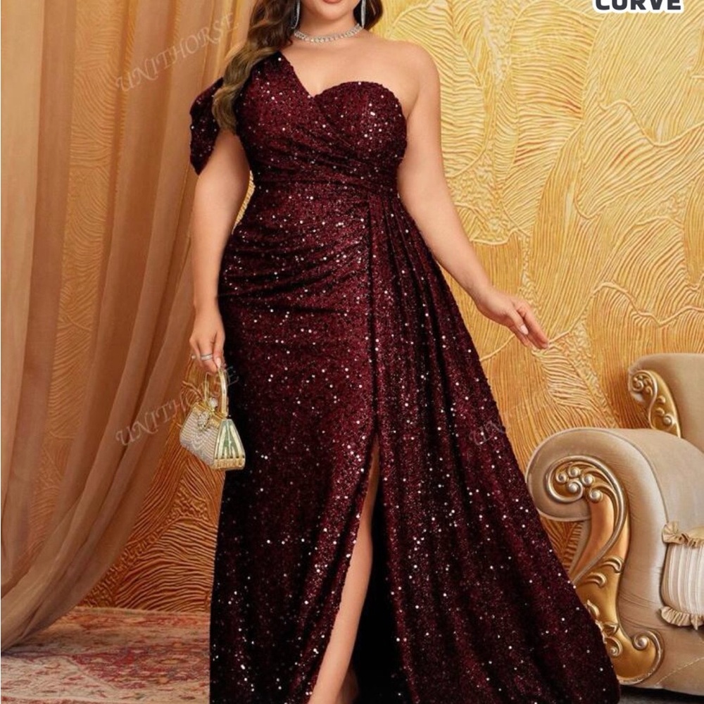 SHEIN Burgundy One Shoulder Sequin Dress